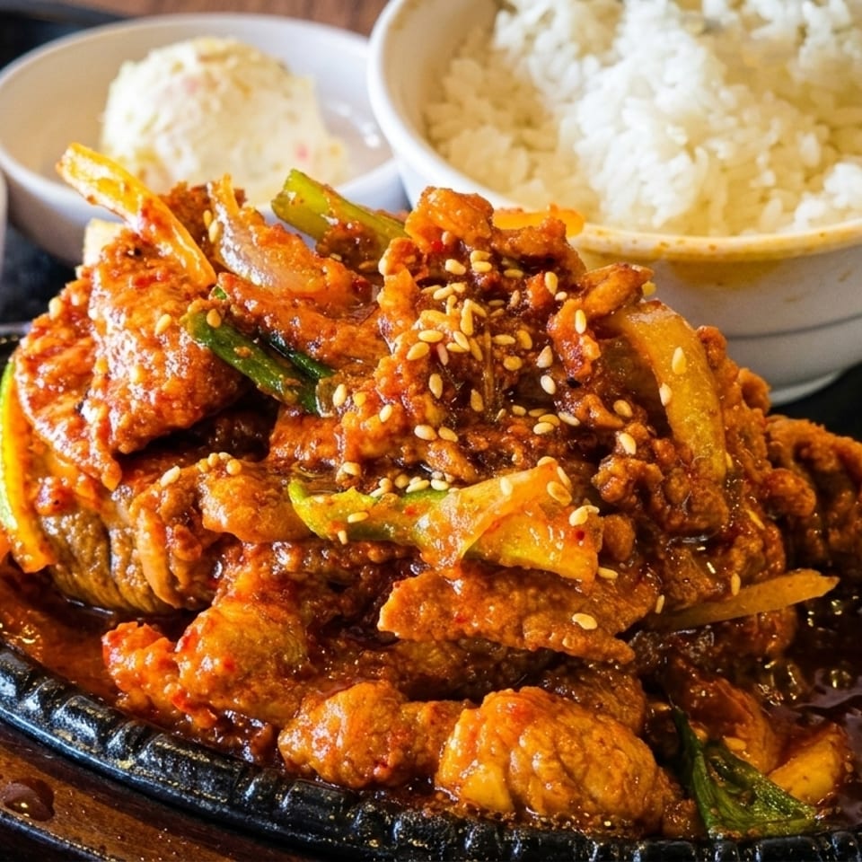 Spicy Korean pork bulgogi with sesame seeds, kimchi, potato salad, and rice on a black tray.
