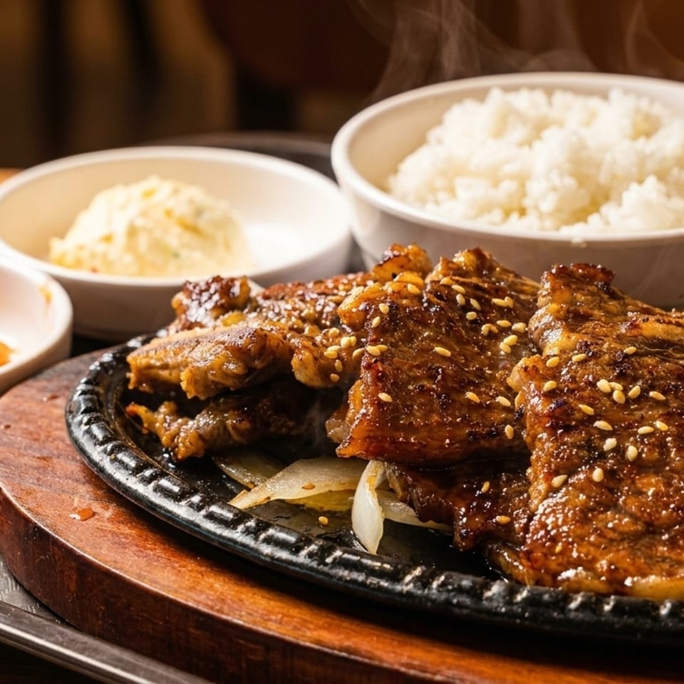 Steaming Korean BBQ short ribs with sesame seeds, rice, kimchi, and potato salad on a tray.