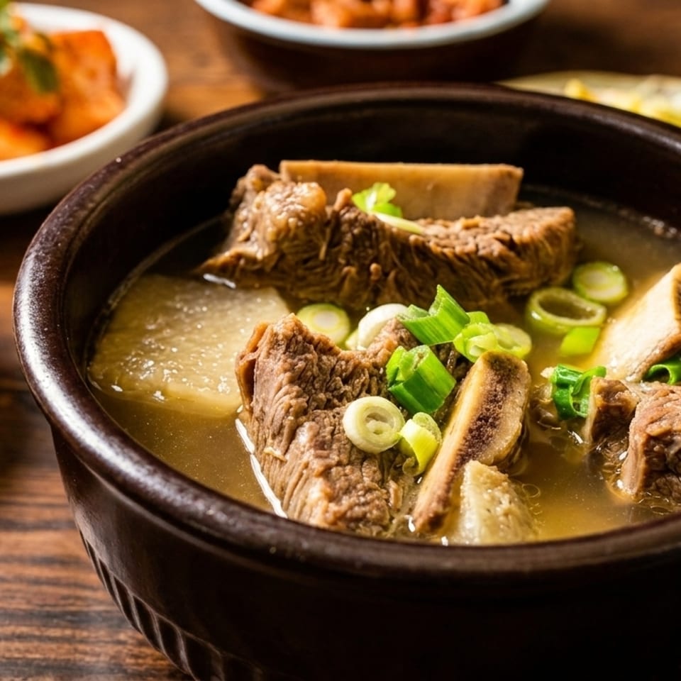 Hearty Korean beef short rib soup with green onions, served with kimchi and other side dishes.