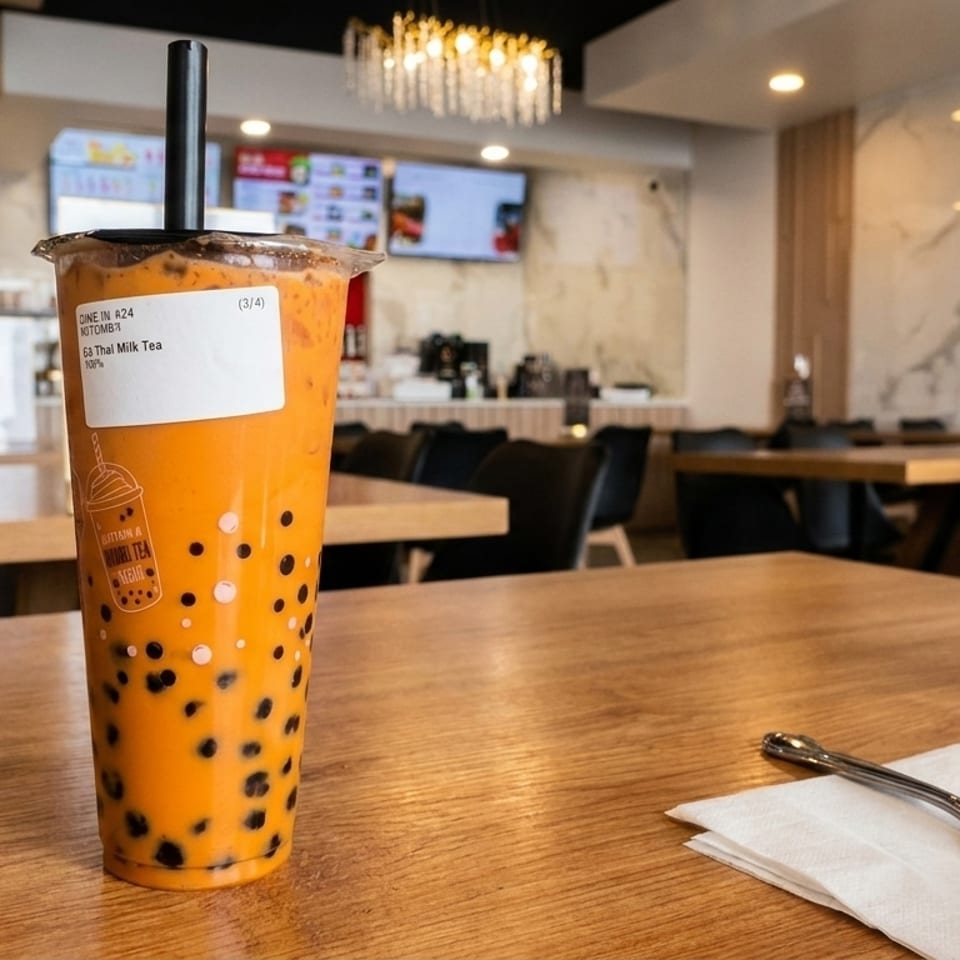 Thai Milk Tea with boba on a wooden table in a modern restaurant dining room.