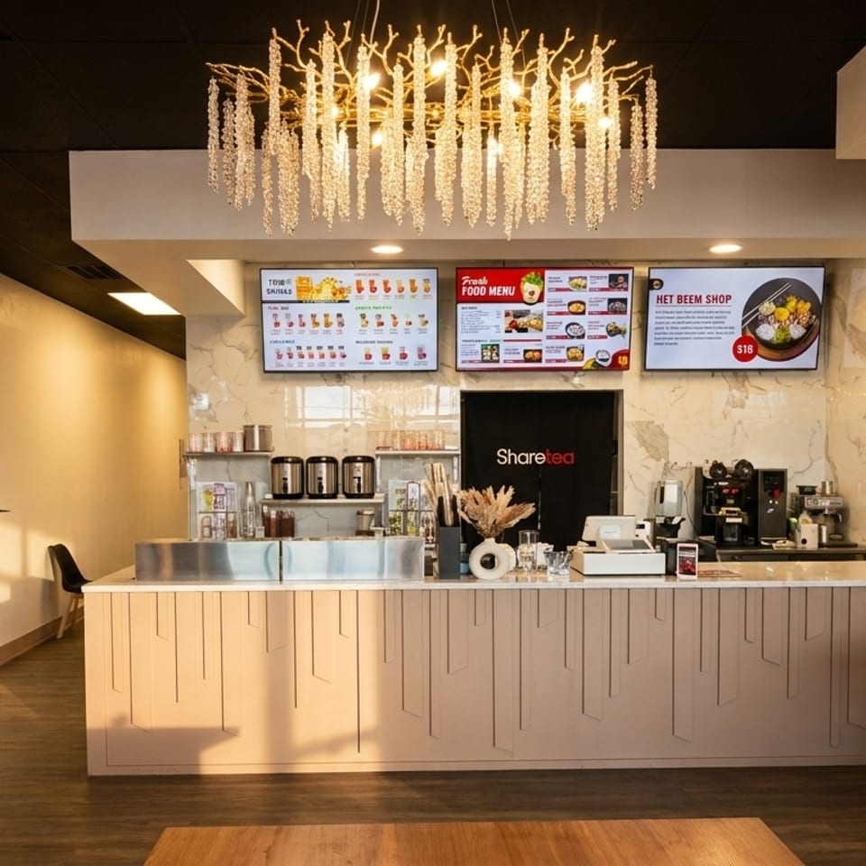 Modern Sharetea cafe interior with a long counter, menu screens, and seating areas.